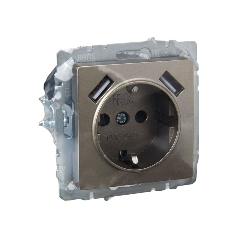 BRITE Розетка 1-местная с заземлением с защитными шторками 16А с USB A+A 5В 2,1А РЮш10-1-БрШ шампань IEK