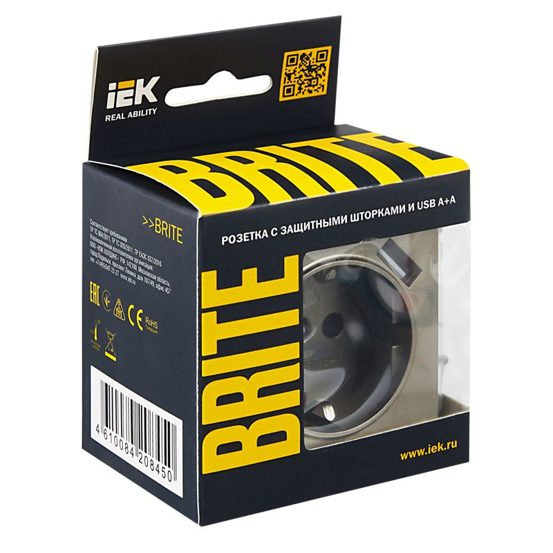 BRITE Розетка 1-местная с заземлением с защитными шторками 16А с USB A+A 5В 2,1А РЮш10-1-БрШ шампань IEK