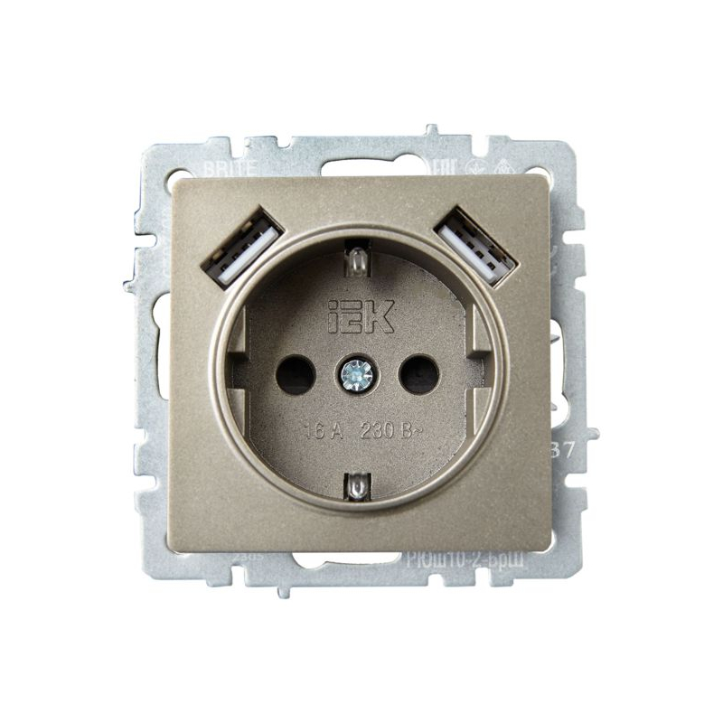 BRITE Розетка 1-местная с заземлением с защитными шторками 16А с USB A+A 5В 3,1А РЮш10-2-БрШ шампань IEK