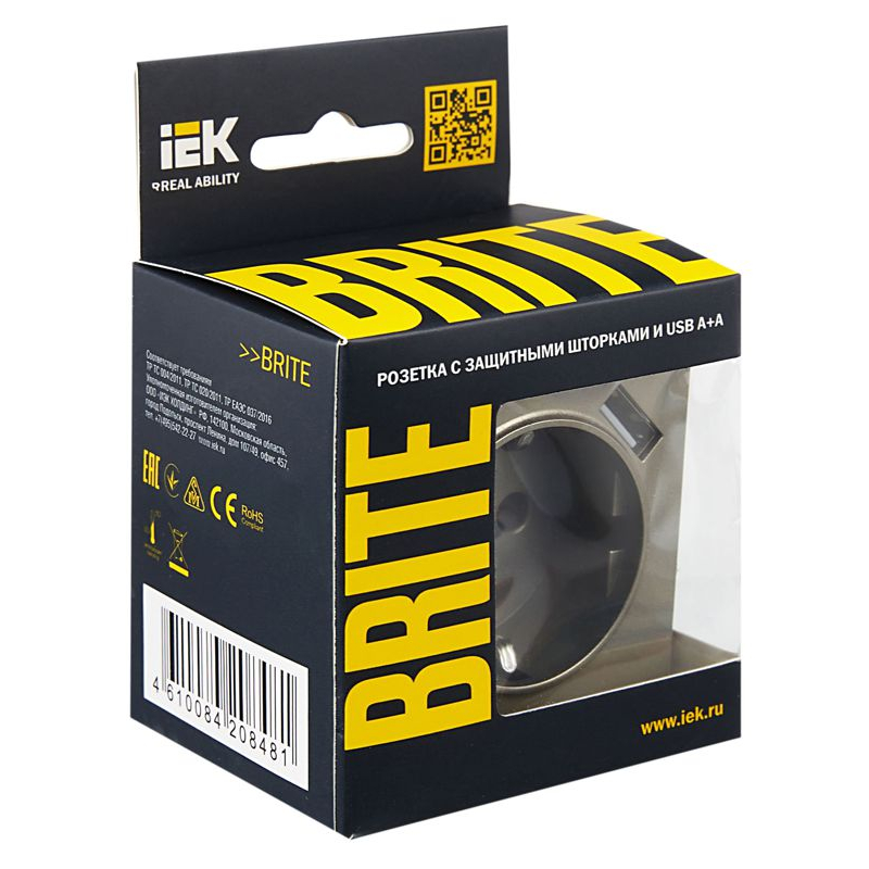 BRITE Розетка 1-местная с заземлением с защитными шторками 16А с USB A+A 5В 3,1А РЮш10-2-БрШ шампань IEK