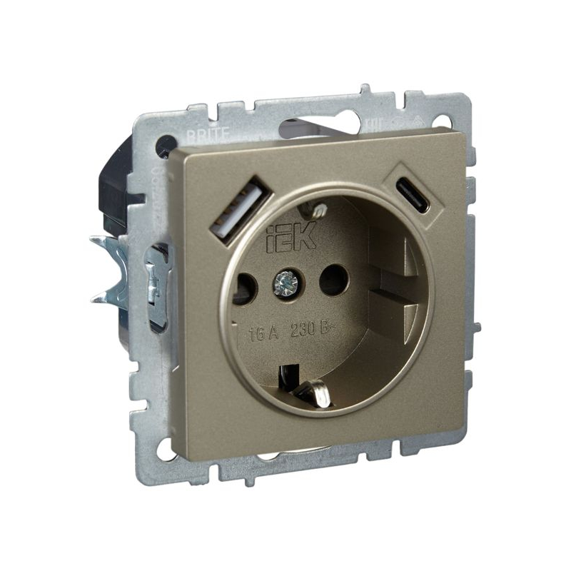 BRITE Розетка 1-местная с заземлением с защитными шторками 16А с USB A+C 18Вт РЮш11-1-БрШ шампань IEK