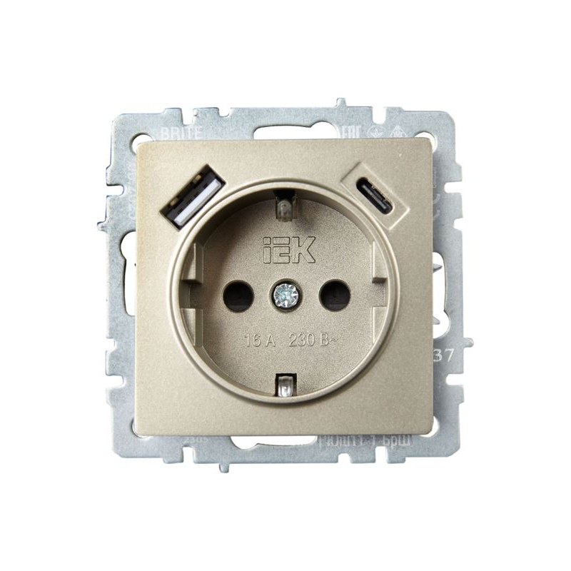 BRITE Розетка 1-местная с заземлением с защитными шторками 16А с USB A+C 18Вт РЮш11-1-БрШ шампань IEK