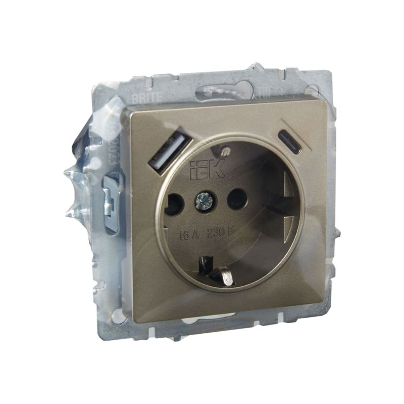 BRITE Розетка 1-местная с заземлением с защитными шторками 16А с USB A+C 18Вт РЮш11-1-БрШ шампань IEK