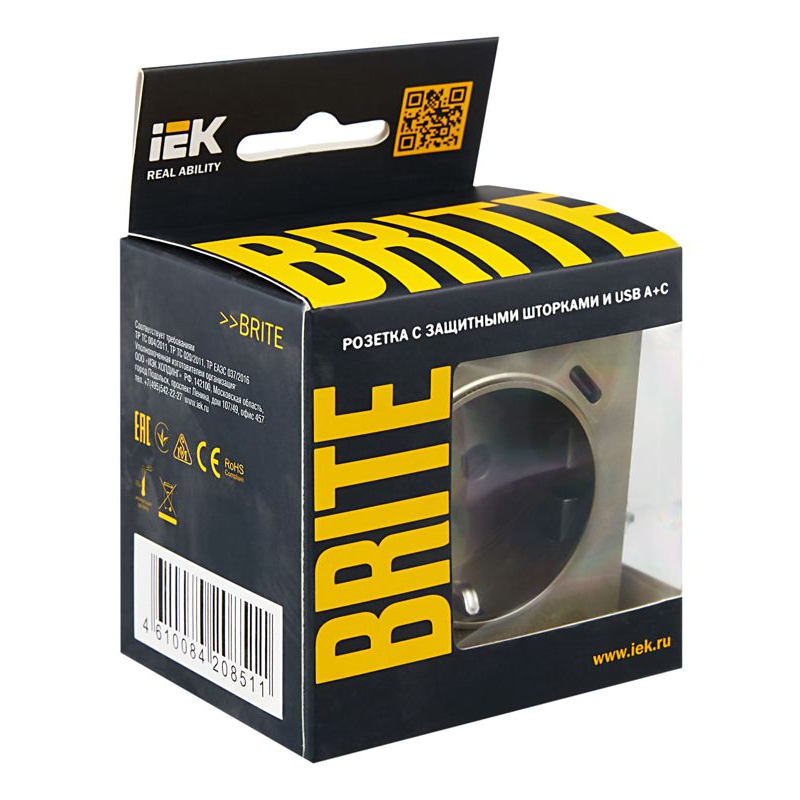 BRITE Розетка 1-местная с заземлением с защитными шторками 16А с USB A+C 18Вт РЮш11-1-БрШ шампань IEK