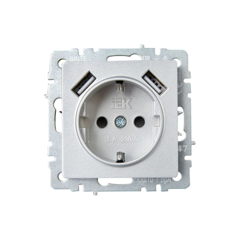 BRITE Розетка 1-местная с заземлением с защитными шторками 16А с USB A+A 5В 2,1А РЮш10-1-БрА алюминий IEK
