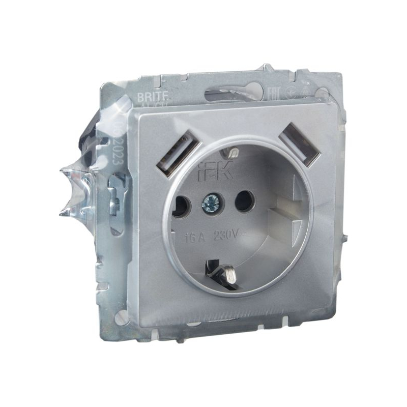 BRITE Розетка 1-местная с заземлением с защитными шторками 16А с USB A+A 5В 2,1А РЮш10-1-БрА алюминий IEK