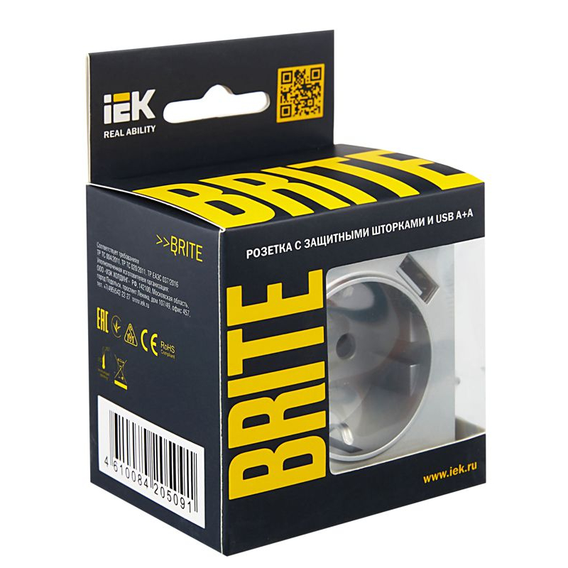 BRITE Розетка 1-местная с заземлением с защитными шторками 16А с USB A+A 5В 2,1А РЮш10-1-БрА алюминий IEK