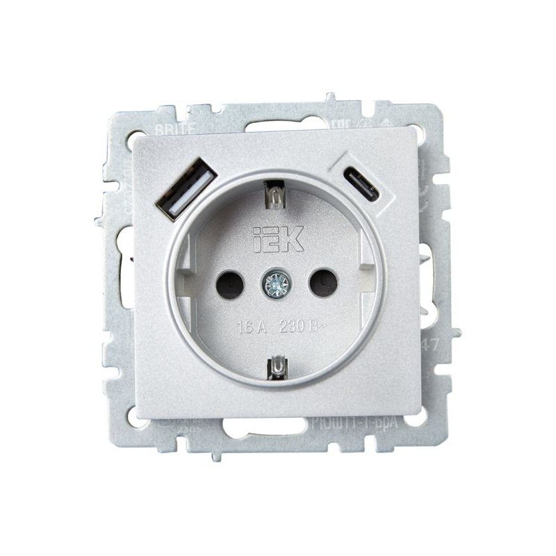 BRITE Розетка 1-местная с заземлением с защитными шторками 16А с USB A+C 18Вт РЮш11-1-БрА алюминий IEK