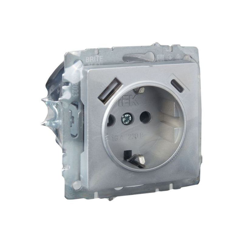 BRITE Розетка 1-местная с заземлением с защитными шторками 16А с USB A+C 18Вт РЮш11-1-БрА алюминий IEK