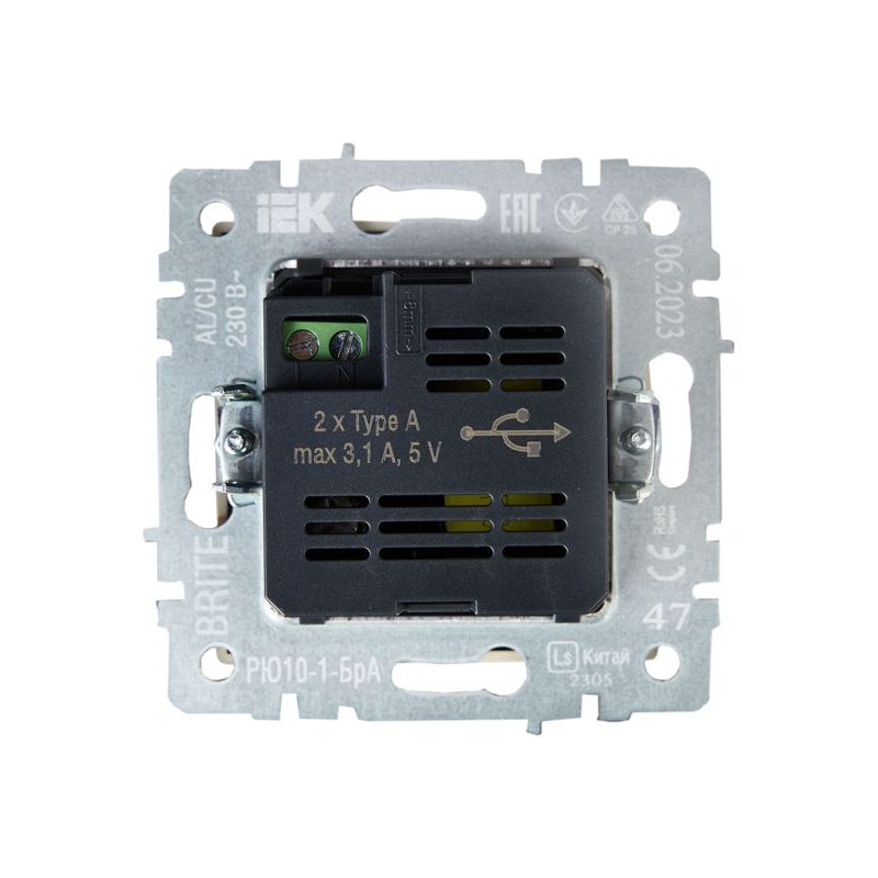 BRITE Розетка USB A+A 5В 3,1А РЮ10-1-БрА алюминий IEK