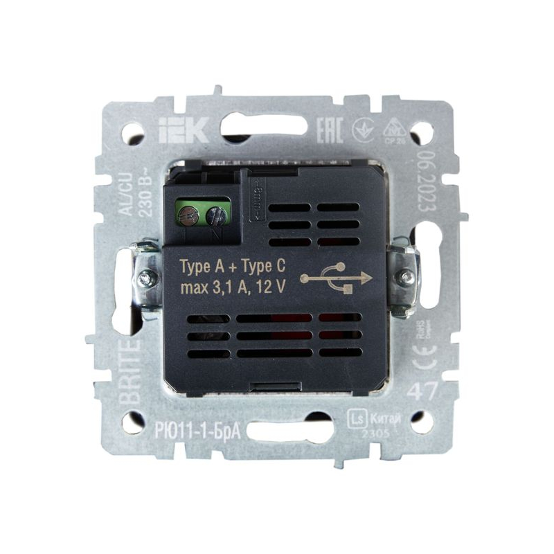 BRITE Розетка USB A+C 18Вт РЮ11-1-БрА алюминий IEK
