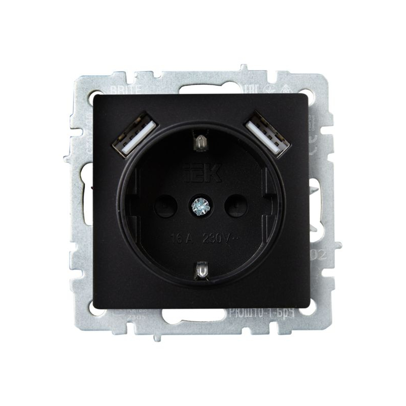 BRITE Розетка 1-местная с заземлением с защитными шторками 16А с USB A+A 5В 2,1А РЮш10-1-БрЧ черный IEK