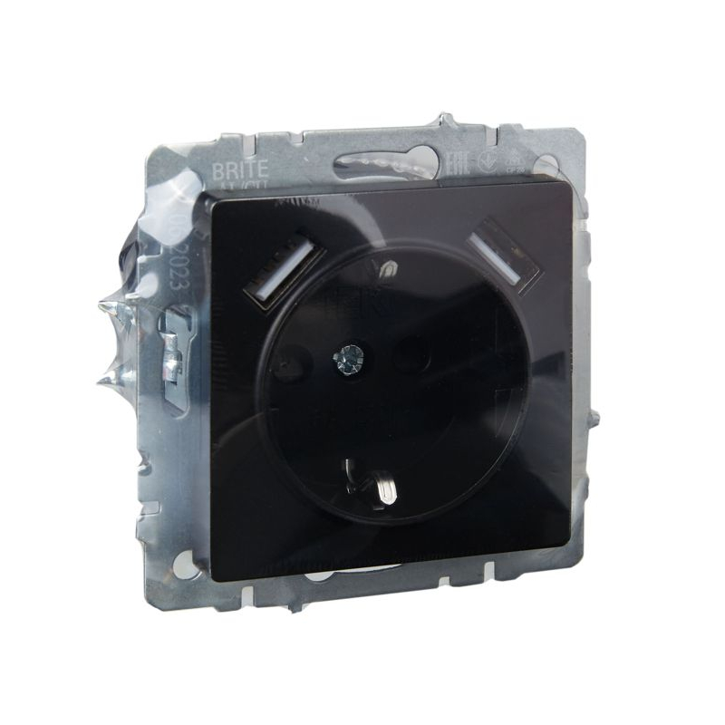 BRITE Розетка 1-местная с заземлением с защитными шторками 16А с USB A+A 5В 2,1А РЮш10-1-БрЧ черный IEK