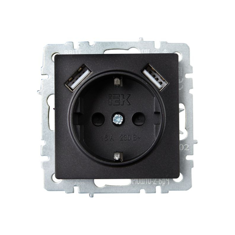 BRITE Розетка 1-местная с заземлением с защитными шторками 16А с USB A+A 5В 3,1А РЮш10-2-БрЧ черный IEK