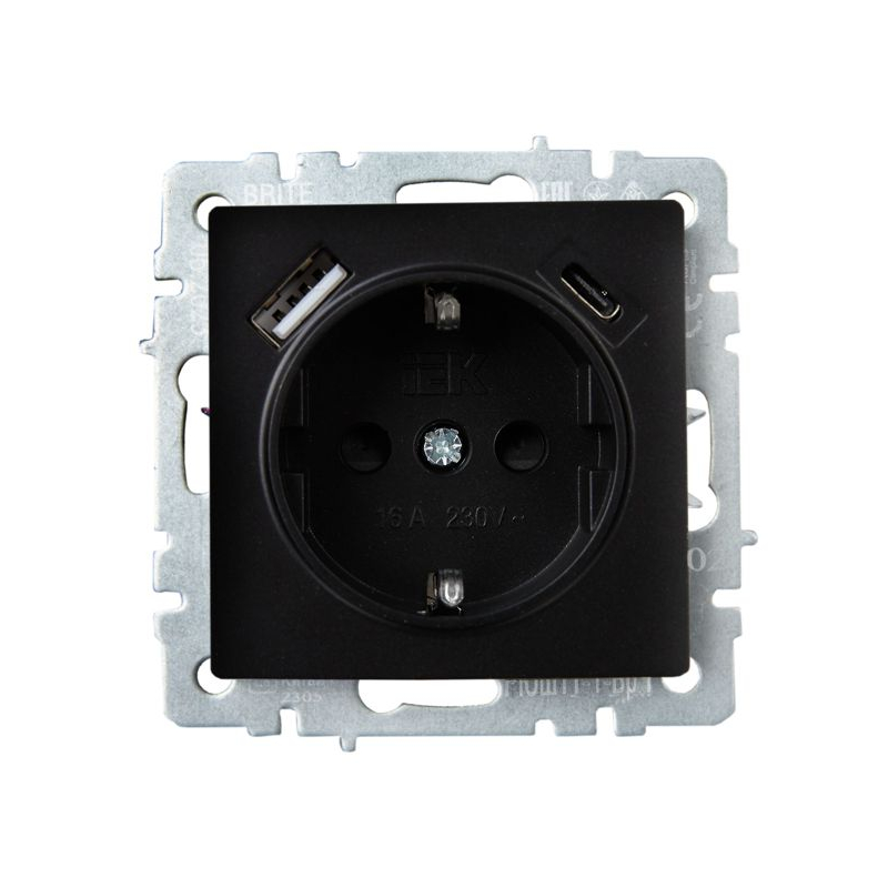 BRITE Розетка 1-местная с заземлением с защитными шторками 16А с USB A+C 18Вт РЮш11-1-БрЧ черный IEK