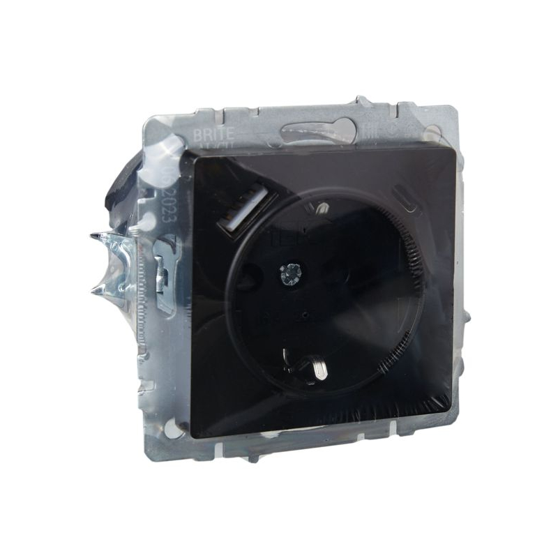 BRITE Розетка 1-местная с заземлением с защитными шторками 16А с USB A+C 18Вт РЮш11-1-БрЧ черный IEK