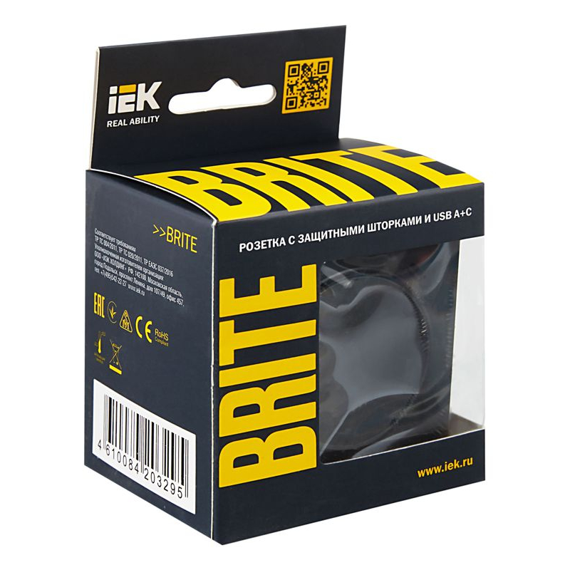 BRITE Розетка 1-местная с заземлением с защитными шторками 16А с USB A+C 18Вт РЮш11-1-БрЧ черный IEK