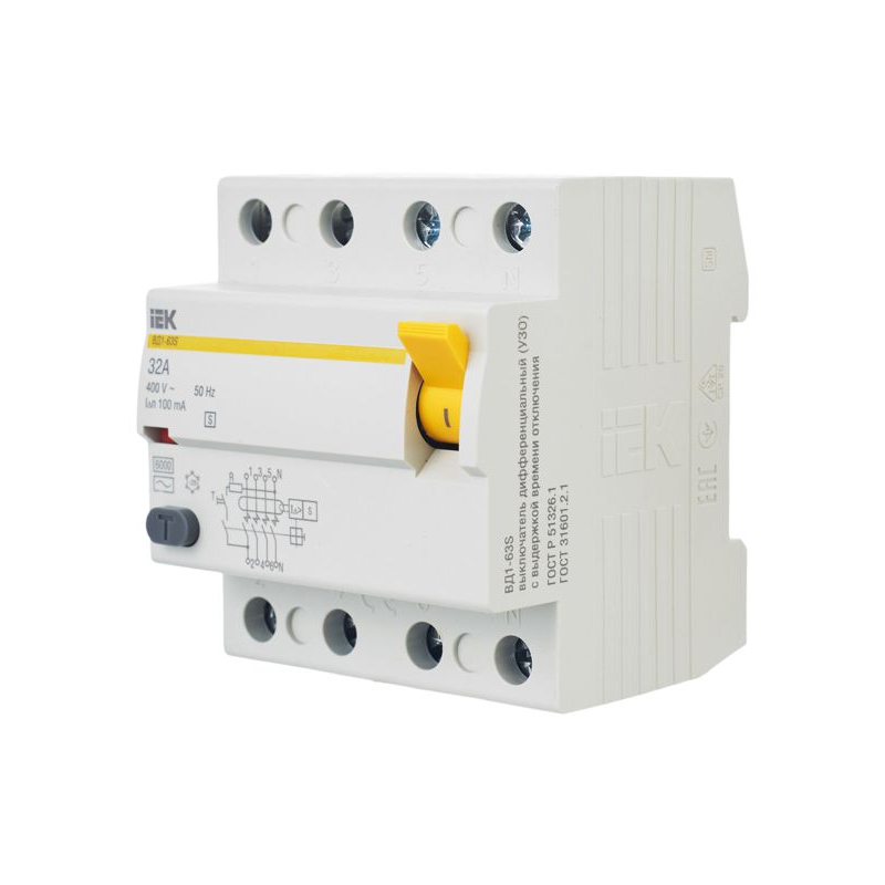Выключатель дифференциальный (УЗО) ВД1-63S 4Р 32А 100мА IEK
