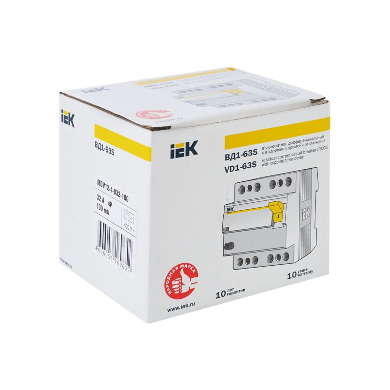 Выключатель дифференциальный (УЗО) ВД1-63S 4Р 32А 100мА IEK