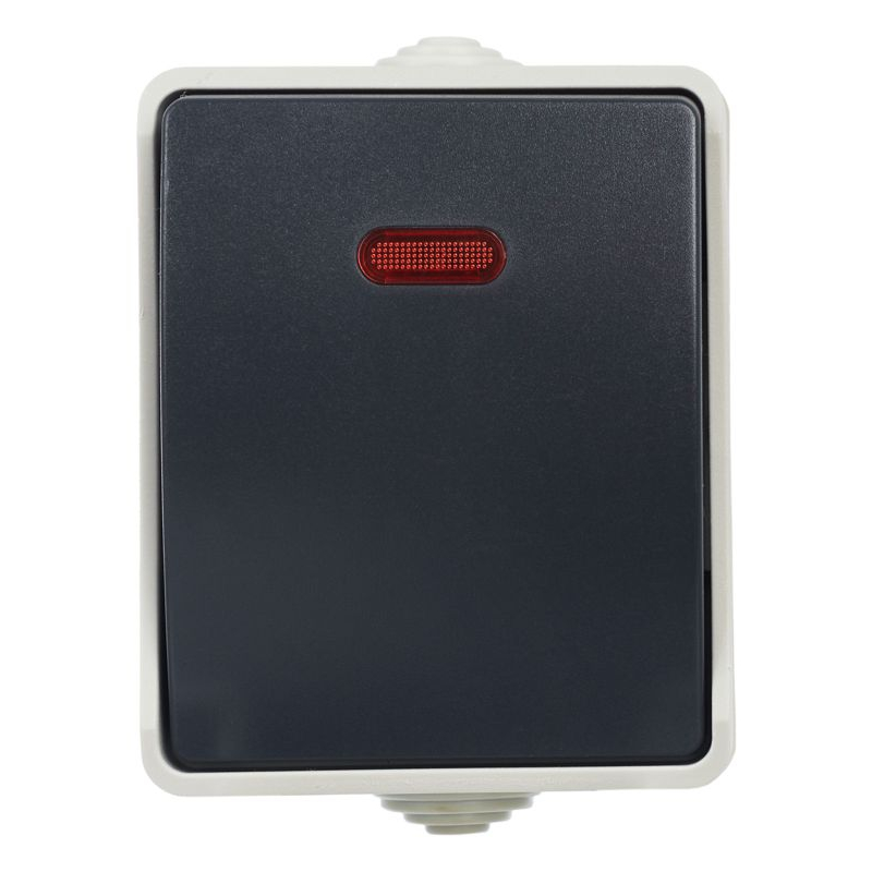 FORS Выключатель 1-клавишный проходной с индикацией для открытой установки 10А IP54 ВС20-1-1-ФСр серый IEK