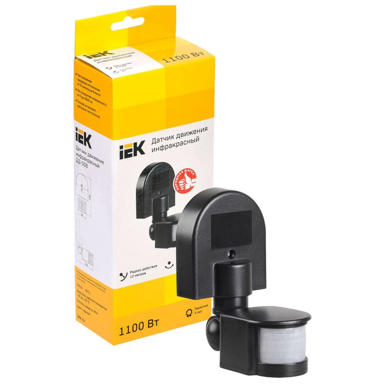 Датчик движения ДД-008 1100Вт 180град 12м IP44 черный IEK