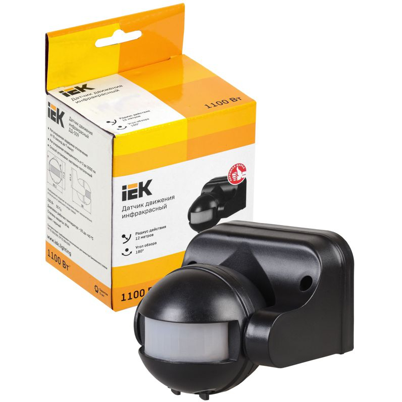 Датчик движения ДД-009 1100Вт 180град 12м IP44 черный IEK