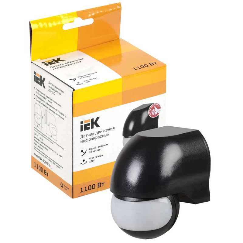 Датчик движения ДД-010 1100Вт 180град 10м IP44 черный IEK