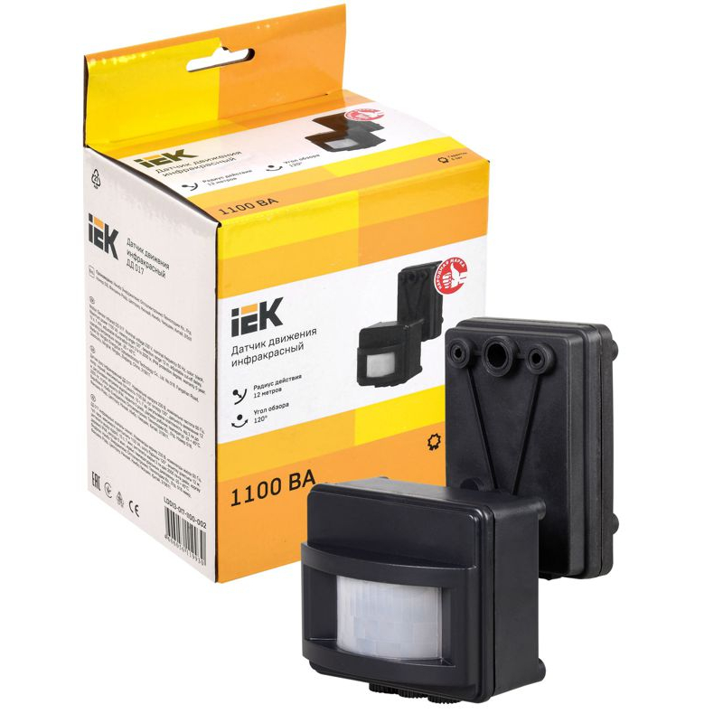 Датчик движения ДД-017 1100Вт 120град 12м IP44 черный IEK