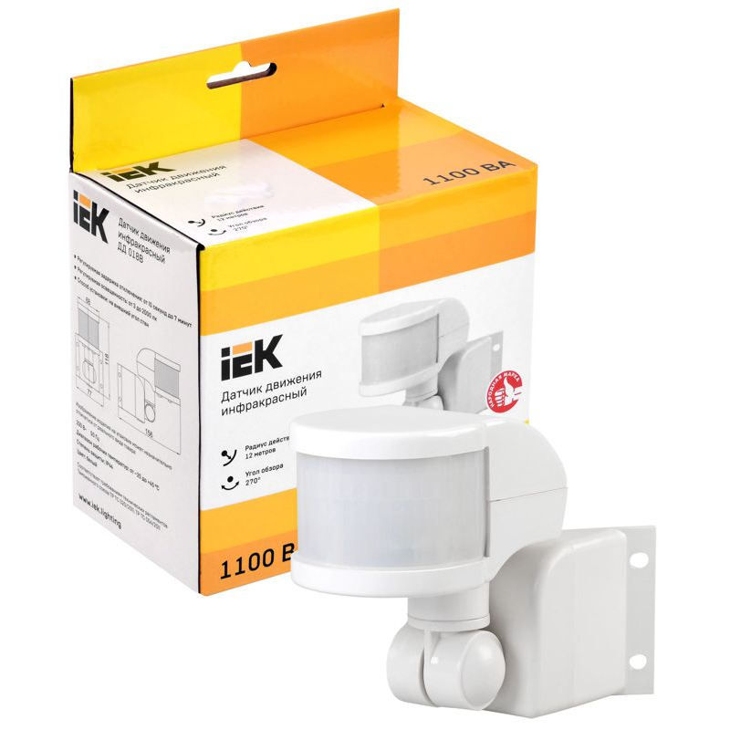 Датчик движения ДД-018В 1100Вт 270град 12м IP44 белый IEK