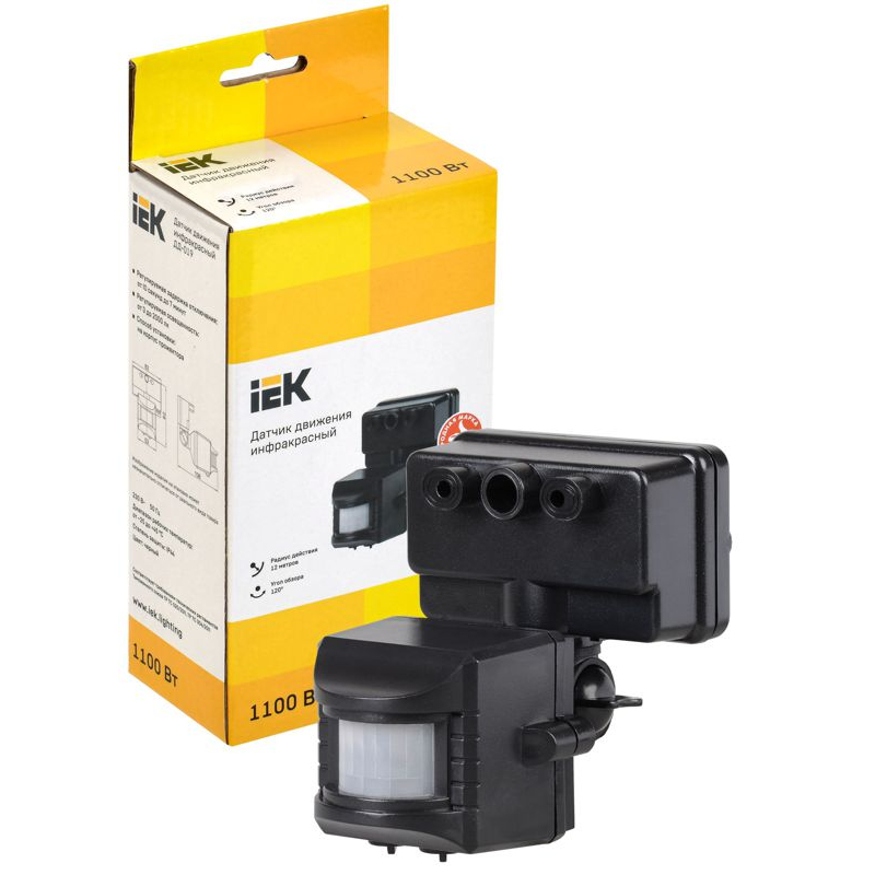Датчик движения ДД-019 1100Вт 120град 12м IP44 черный IEK