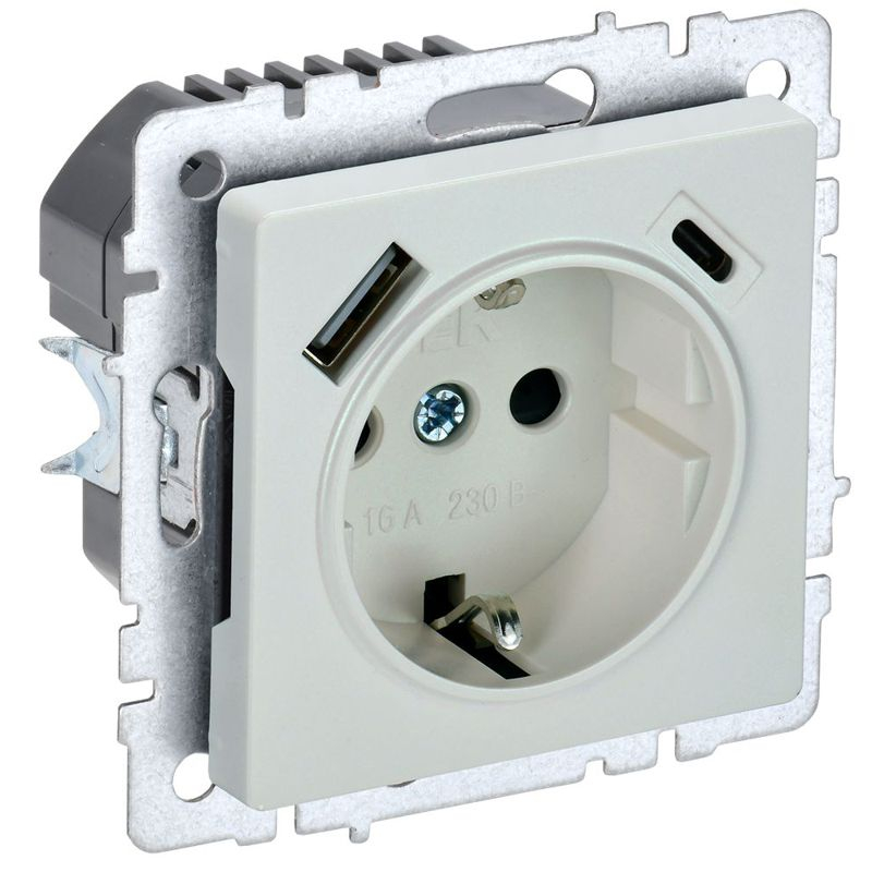 BRITE Розетка 1-местная с заземлением с защитными шторками 16А с USB A+C 18Вт РЮш11-1-БрЖ жемчуг IEK