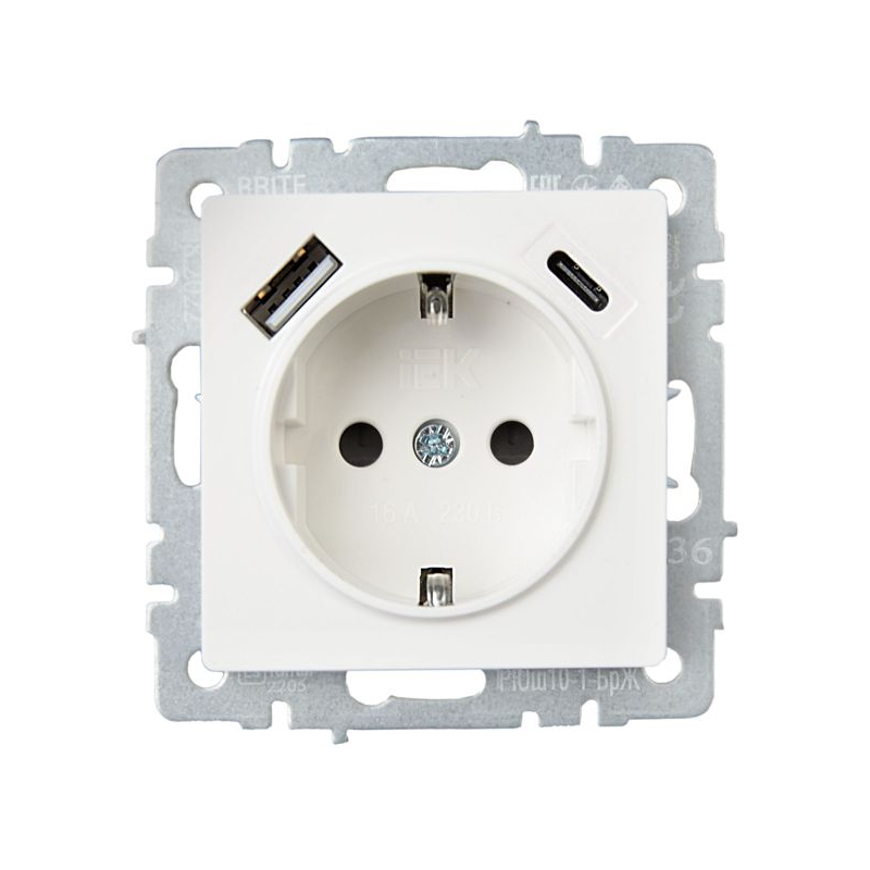BRITE Розетка 1-местная с заземлением с защитными шторками 16А с USB A+C 18Вт РЮш11-1-БрЖ жемчуг IEK