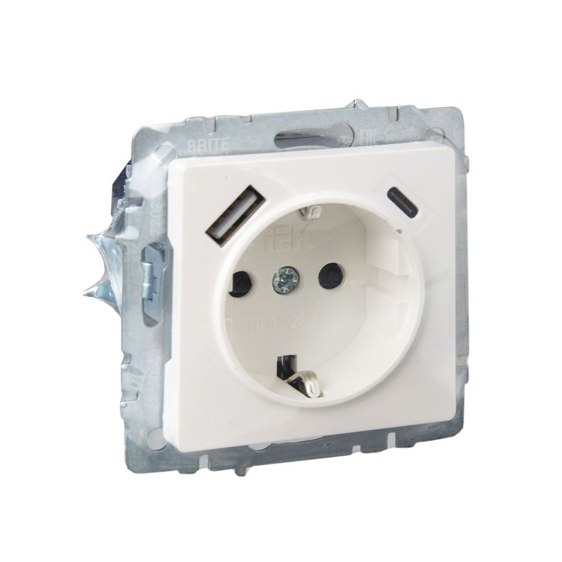 BRITE Розетка 1-местная с заземлением с защитными шторками 16А с USB A+C 18Вт РЮш11-1-БрЖ жемчуг IEK