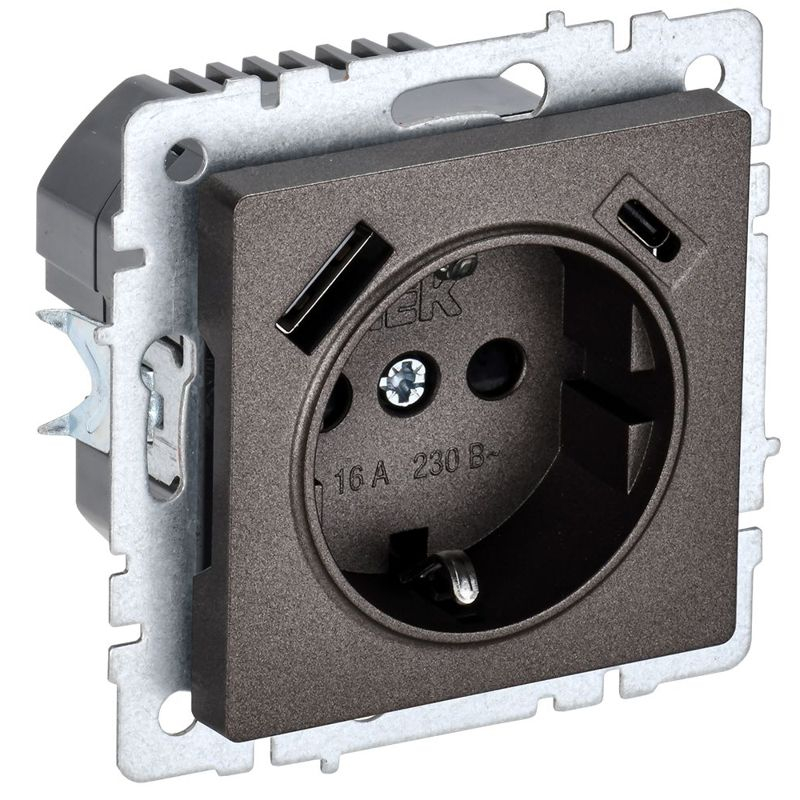 BRITE Розетка 1-местная с заземлением с защитными шторками 16А с USB A+C 18Вт РЮш11-1-БрТБ темная бронза IEK