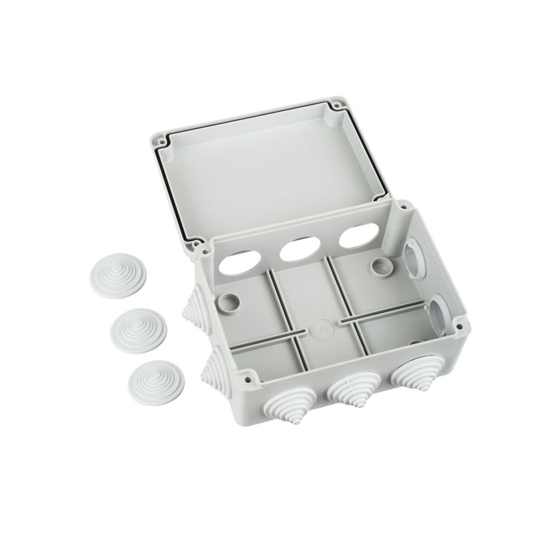 Коробка распаячная КМ41242 для открытой проводки безгалогенная (HF) 150х110х70мм IP55 10 гермовводов серая IEK