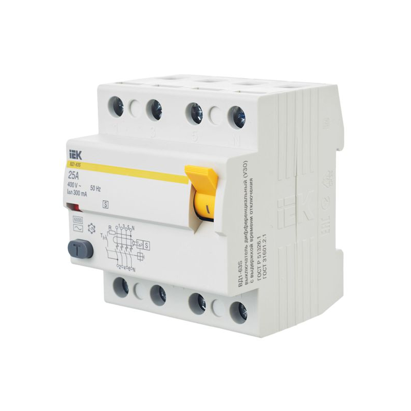 Выключатель дифференциальный (УЗО) ВД1-63S 4Р 25А 300мА IEK