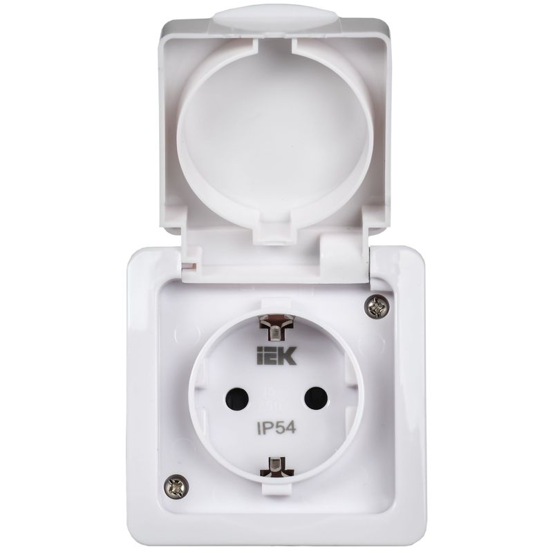 Розетка 1-местная для открытой установки РСб20-3-ГПБб с заземляющим контактом IP54 ГЕРМЕС PLUS (цвет крышки:белый) IEK