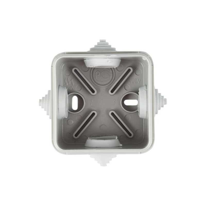 Коробка распаячная КМ41236 для открытой проводки безгалогенная (HF) 70х70х40мм с защелкивающейся крышкой IP44 4 гермоввода серая IEK