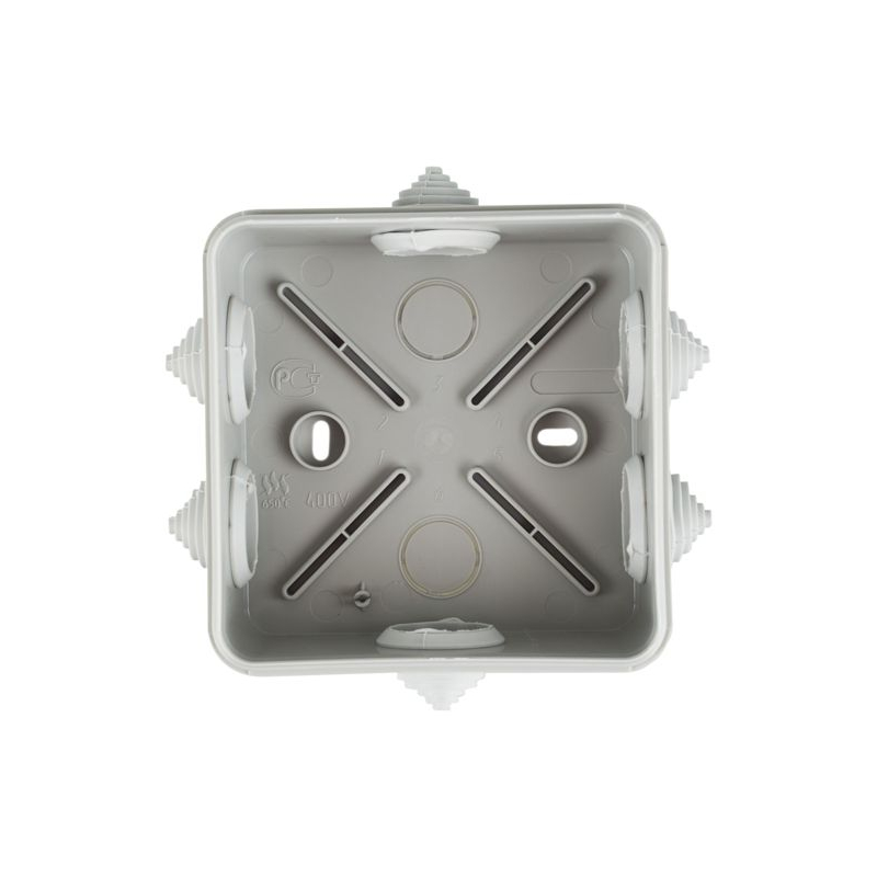 Коробка распаячная КМ41255 для открытой проводки безгалогенная (HF) 100х100х50мм с защелкивающейся крышкой IP44 6 гермовводов серая IEK