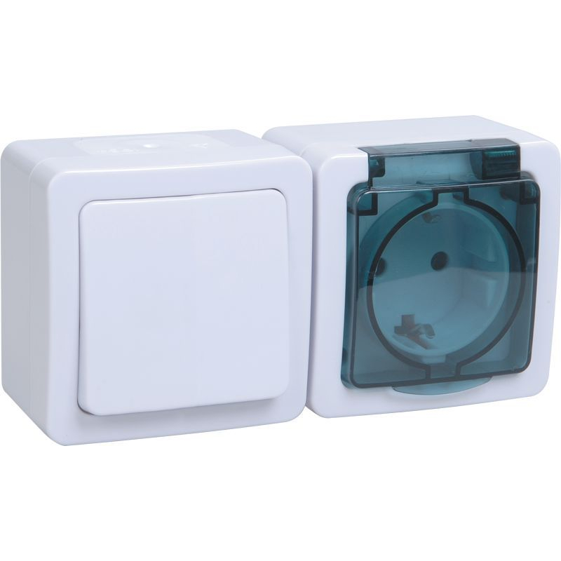 Блок горизонтальный для открытой установки БГб-22-31-ГПБд (Выключатель 1-клавишный + розетка 1-местная с заземляющим контактом) IP54 ГЕРМЕС PLUS (белый/дымчатый) IEK