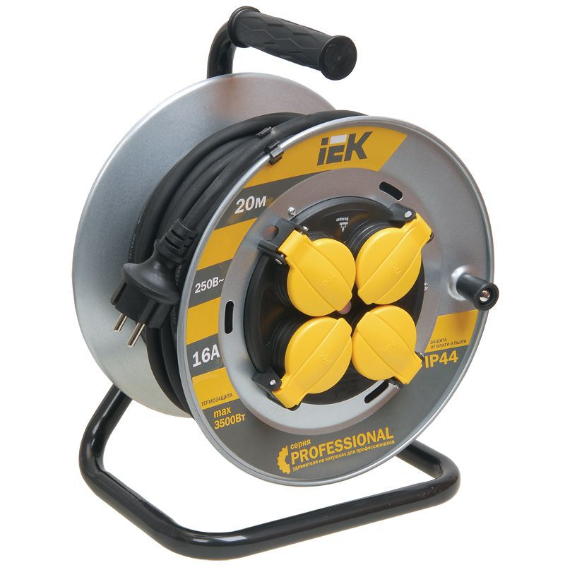 Катушка УК20 4 места IP44 с заземлением с термозащитой КГ 3х1,5мм2 на металлическом барабане Professional 20м IEK