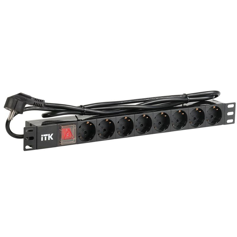 ITK PDU 8 розеток DIN49440 (нем. станд.) с LED выключателем, 1U, шнур 2м вилка DIN49441 (нем. станд.), профиль из ПВХ, черный