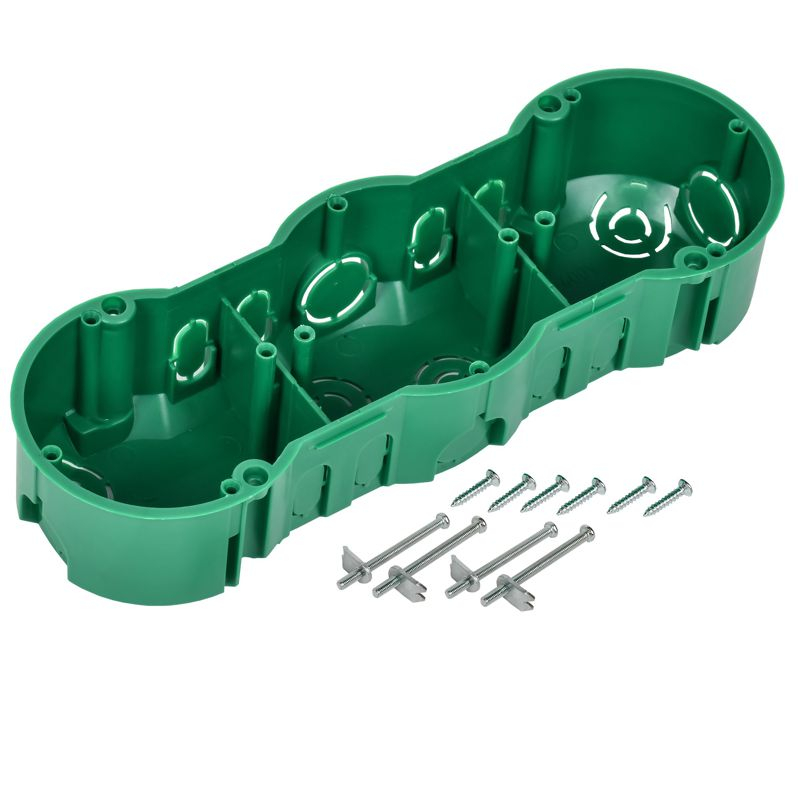 Коробка установочная КМ40024 трехместная для полых стен безгалогенная (HF) 212х70х45мм с саморезами и металлическими лапками IEK