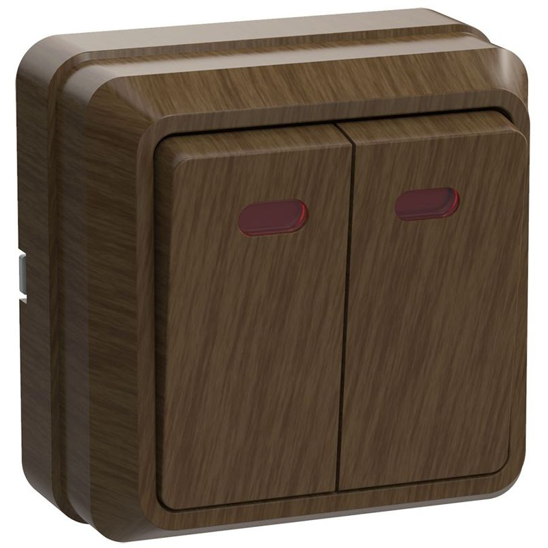 OKTAVA Выключатель 2-клавишный с индикацией для открытой установки 10А ВС20-2-1-ОД дуб GENERICA