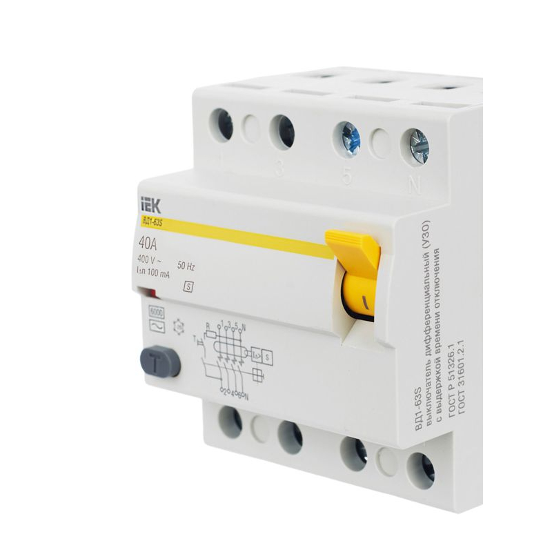 Выключатель дифференциальный (УЗО) ВД1-63S 4Р 40А 100мА IEK