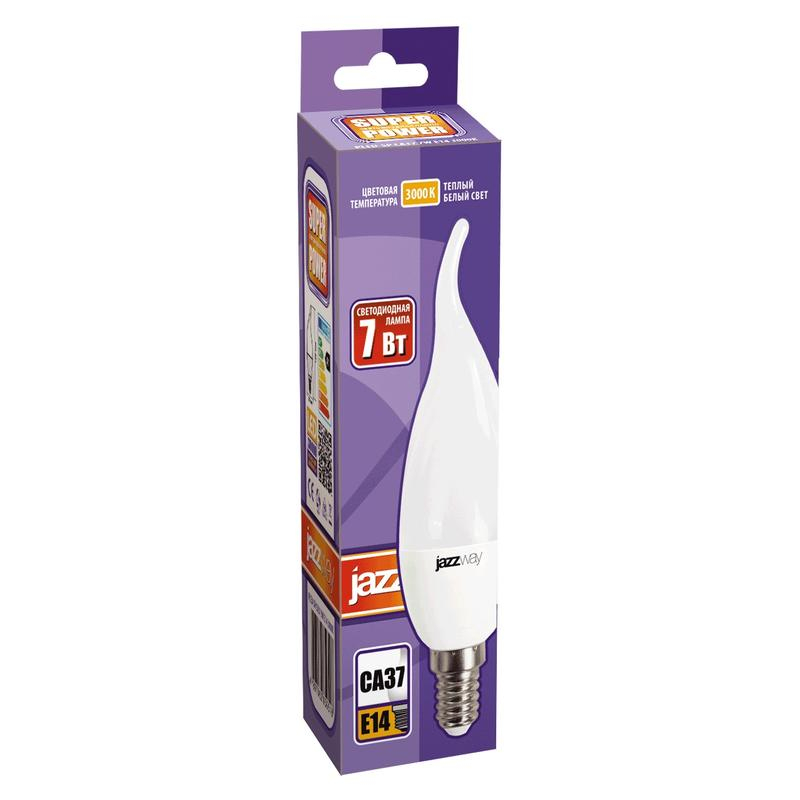 Лампа светодиодная PLED-SP CA37 7Вт свеча на ветру 3000К тепл. бел. E14 530лм 175-265В JazzWay 1027894-2