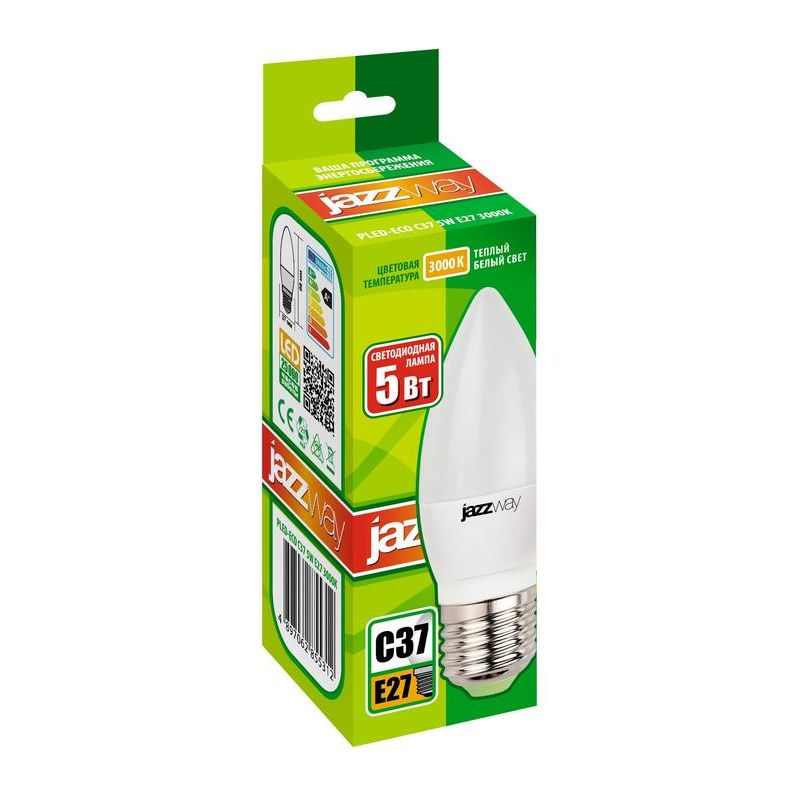 Лампа светодиодная PLED-ECO-C37 5Вт свеча 3000К тепл. бел. E27 400лм 230В JazzWay 2855312A