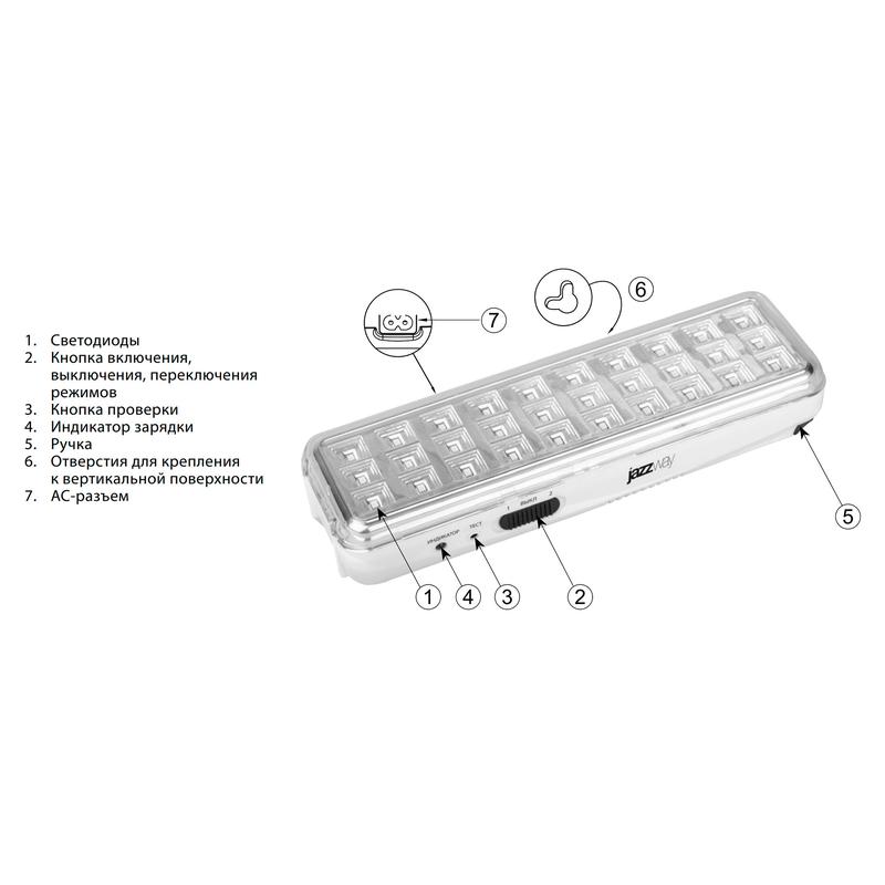 Светильник-фонарь светодиодный Accu9-L30-wh 30SMD яркий(300Лм)2ч/эконом(90Лм)6ч 220В/акк. Li-ion/3.7В/1200мАч аварийный бел. JazzWay 5024533