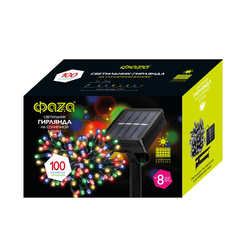 Светильник светодиодный SLR-G01-100M садовый гирлянда 100LED мультиколор садовый с колышком солнечная батарея ФАZА 5033405