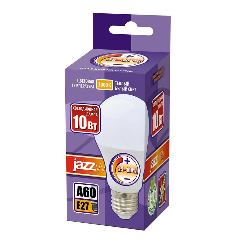 Лампа светодиодная PLED-DIM A60 10Вт грушевидная 3000К тепл. бел. E27 820лм 220-240В диммир. JazzWay 1028839